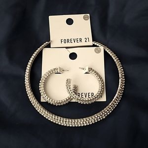 Forever 21 sparkling Hoop earrings and choker silver tone clear stones.